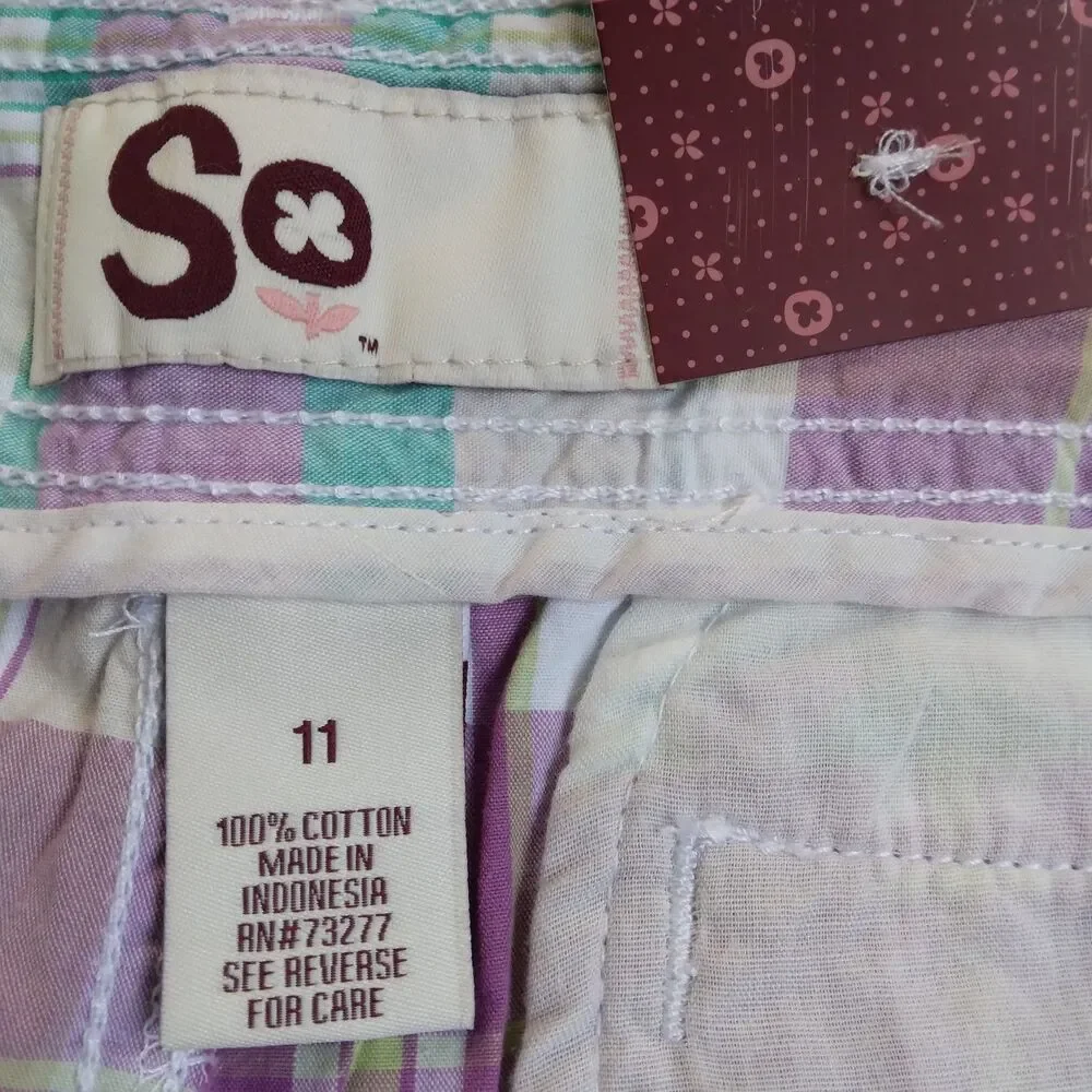 SO Bermuda Shorts Women's Juniors 11 Purple Blue White Plaid Cotton - Picture 4 of 7